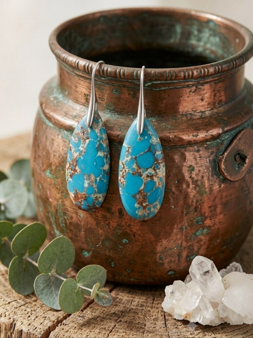 Sea Sediment Jasper Teardrop Dangle Earrings Teal Turquoise Boho Coastal 2in